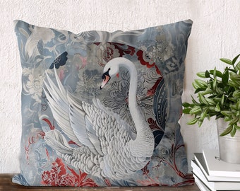 Beautiful Swan Cushion Cover, on grey modern pattern background, handmade pillow cover Print both sides, bird lover gift