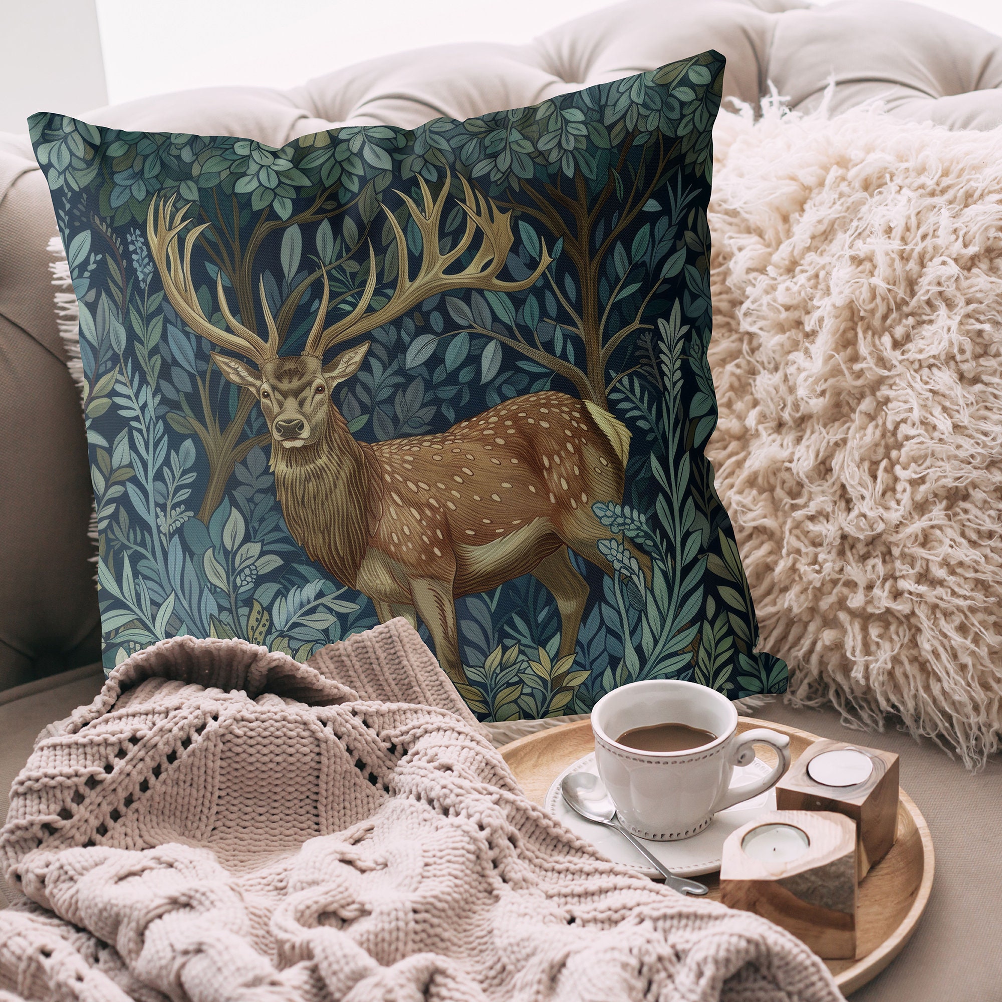 CREATIVE DRUG STORE × VERDY PILLOW Blue Green Deer Pillow Cover, William Morris Inspired Stag