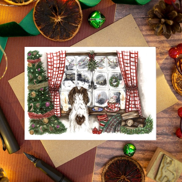 Springer Spaniel Christmas cottage Christmas card