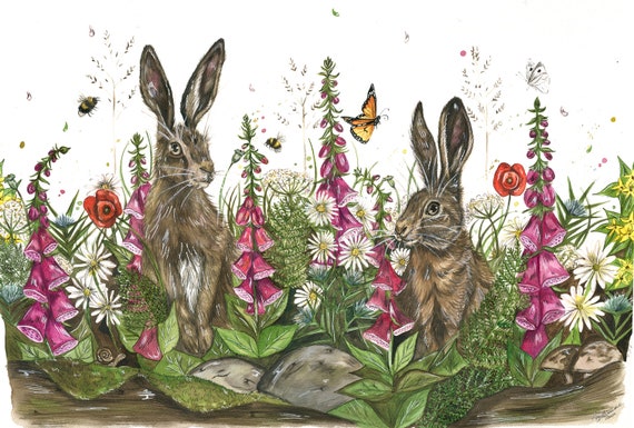 Hares and wild flowers 'Summers Meadow' Limited edition print
