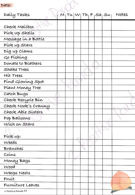 Animal Crossing New Horizons Daily Checklist Part 1 | Etsy