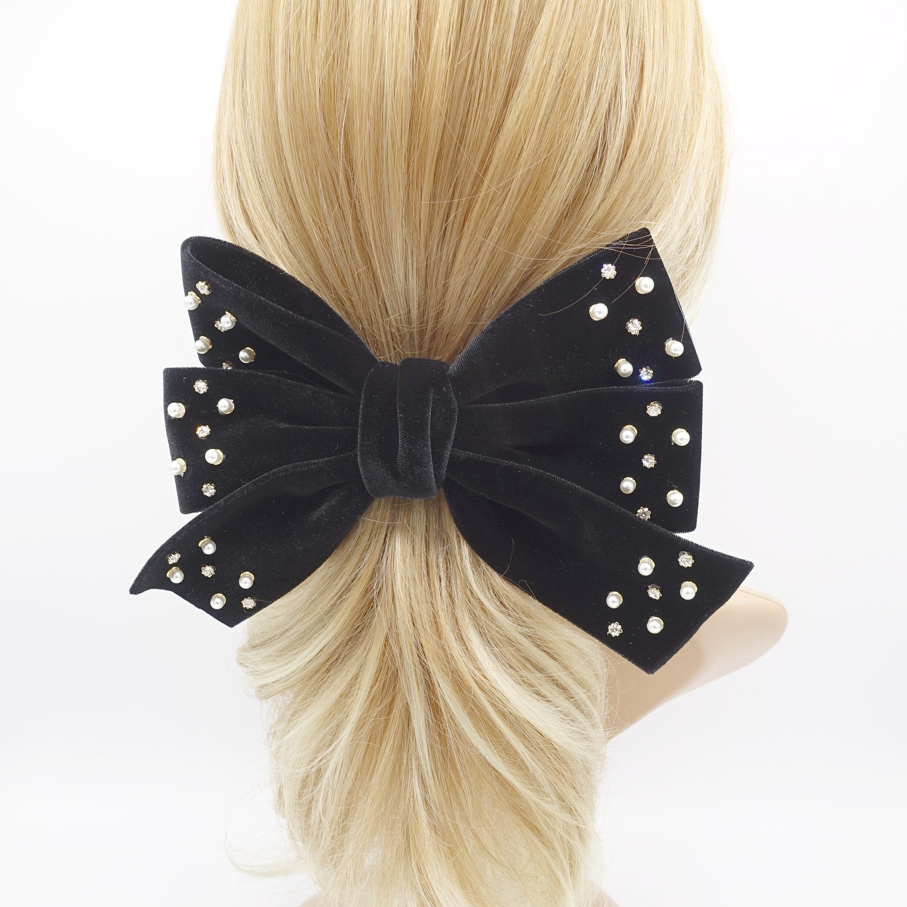 Velvet Hair Bow, Triple Rhinestone Hair Bow, Pearl Velvet Velvet Hair Bow, Triple Rhinestone Hair Bow, Pearl Velvet