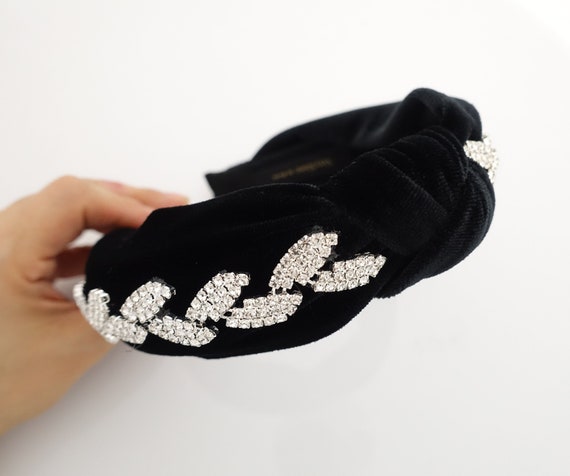 Leaf Rhinestone Embellished Knotted Hairband Luxury Black | Etsy UK