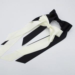 Black cream satin long tail bow hair elastic ponytail holder comb for women image 5