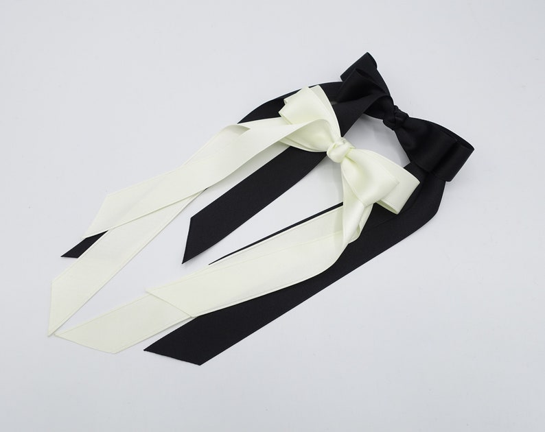 Black cream satin long tail bow hair elastic ponytail holder comb for women image 5