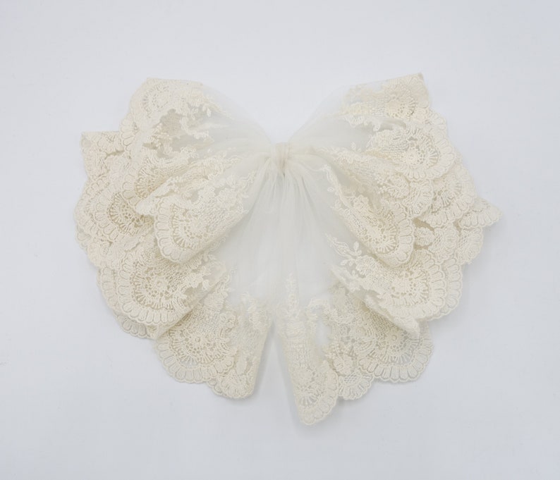 May include: A white lace collar with a ruffled edge. The collar is made of delicate, intricate lace and is perfect for adding a touch of elegance to any outfit.