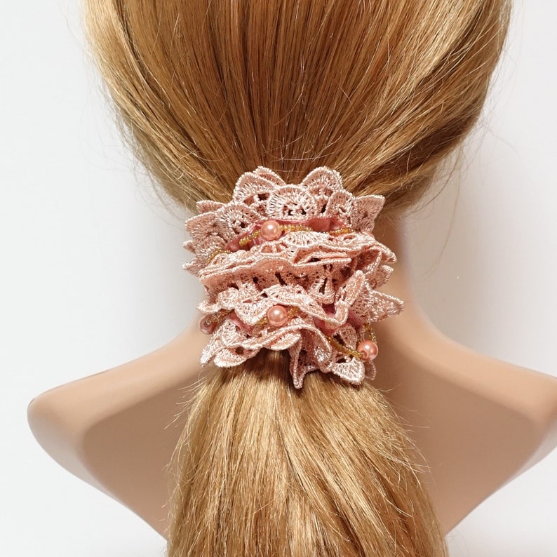 lace sleek pearl ball beaded scrunchy woman elastic hair ties scrunchies image 1