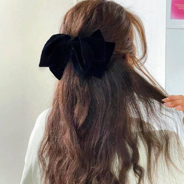 Noeud superposé en velours de soie de luxe Barrette française Noeud pour cheveux noirs pour femme