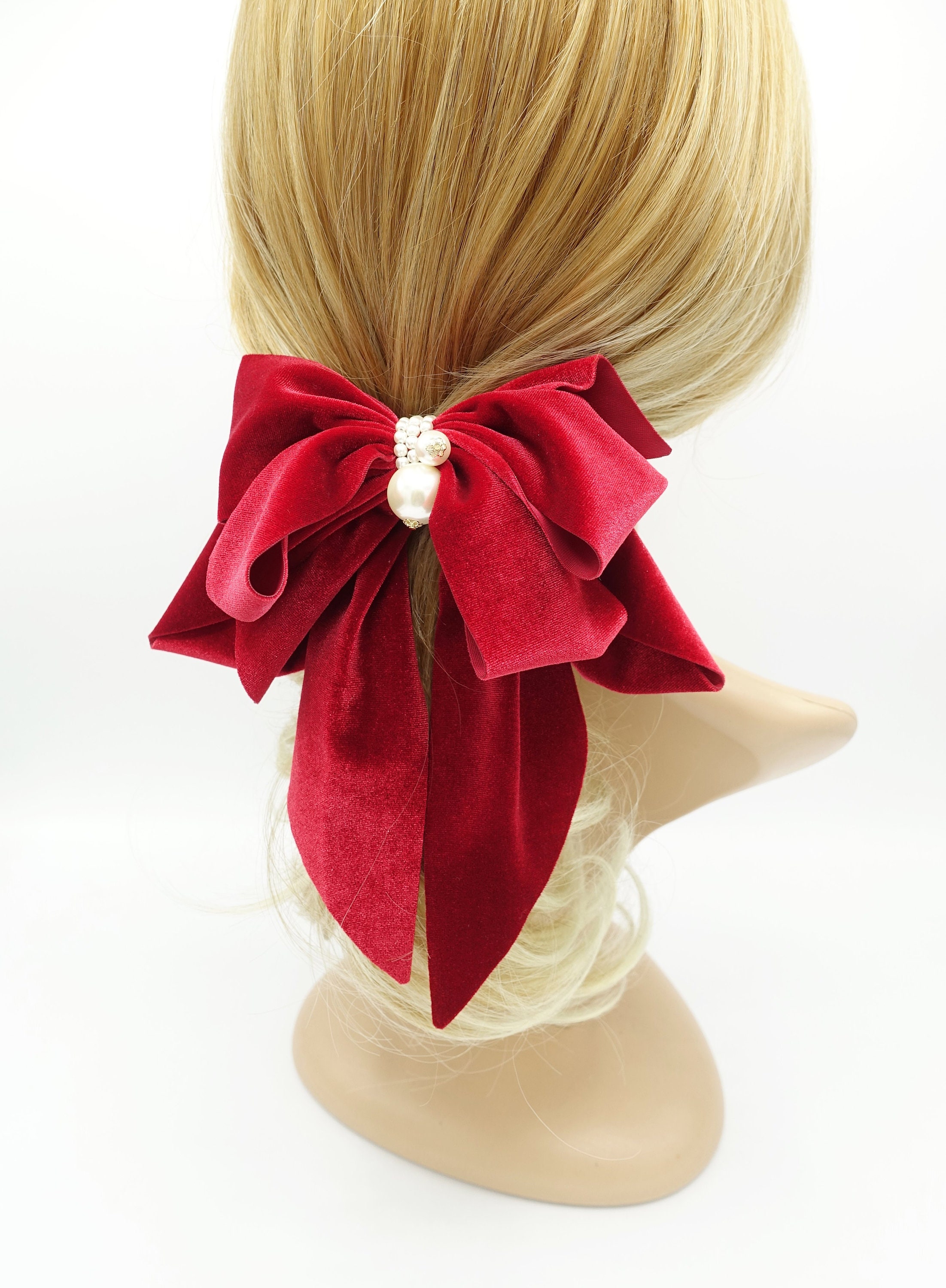 Velvet Hair Bow Pearl Embellished Hair Accessory for Women Stylish and Durable Black Velvet Pearls and Crystal Hair Bow - Luxury Hand Made main image 4