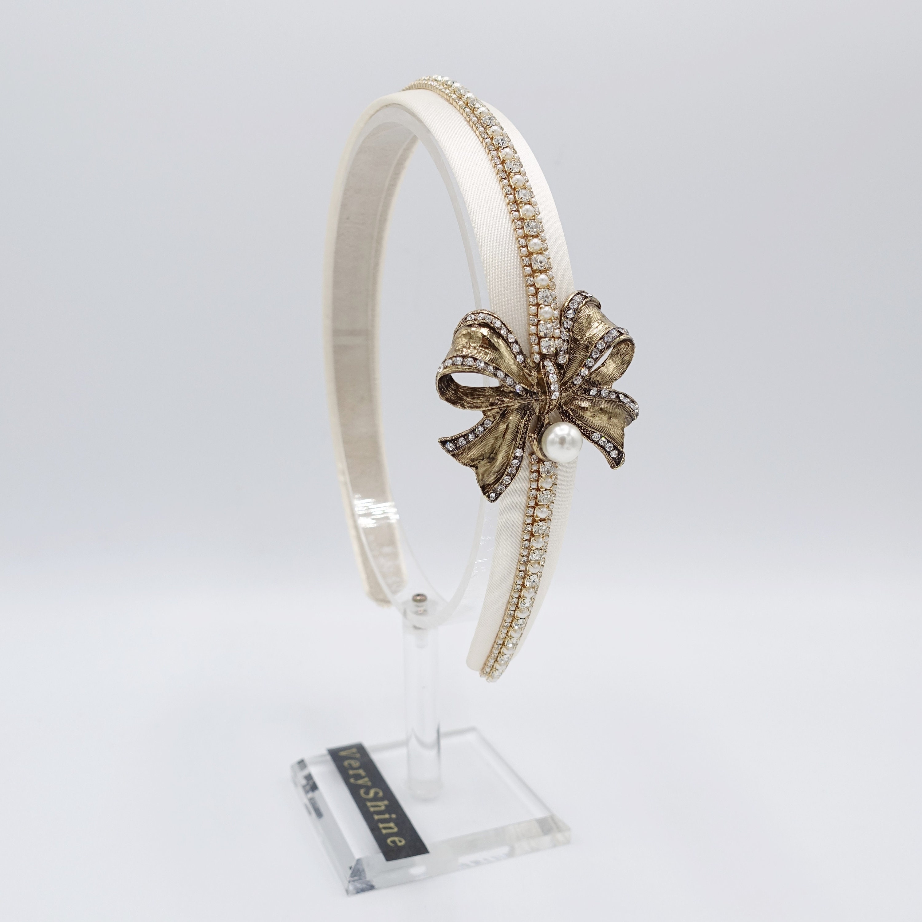Antique Bow Headband: Pearl Rhinestone Embellished Metal Bow  display picture 1