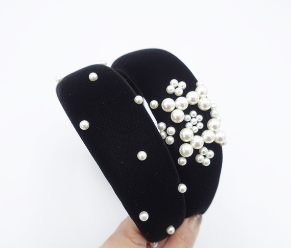 Black Silk Velvet Headband Pearl Stud Embellished Headband  display picture 2