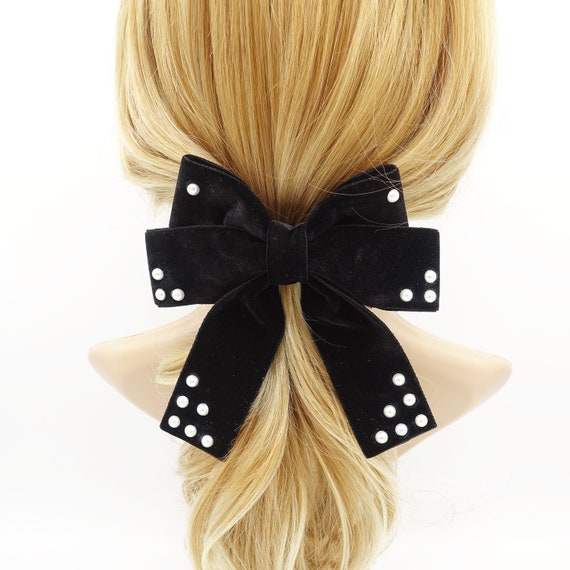 Pearl Ball Embellished Velvet Bow French Barrette Clip  display picture 1