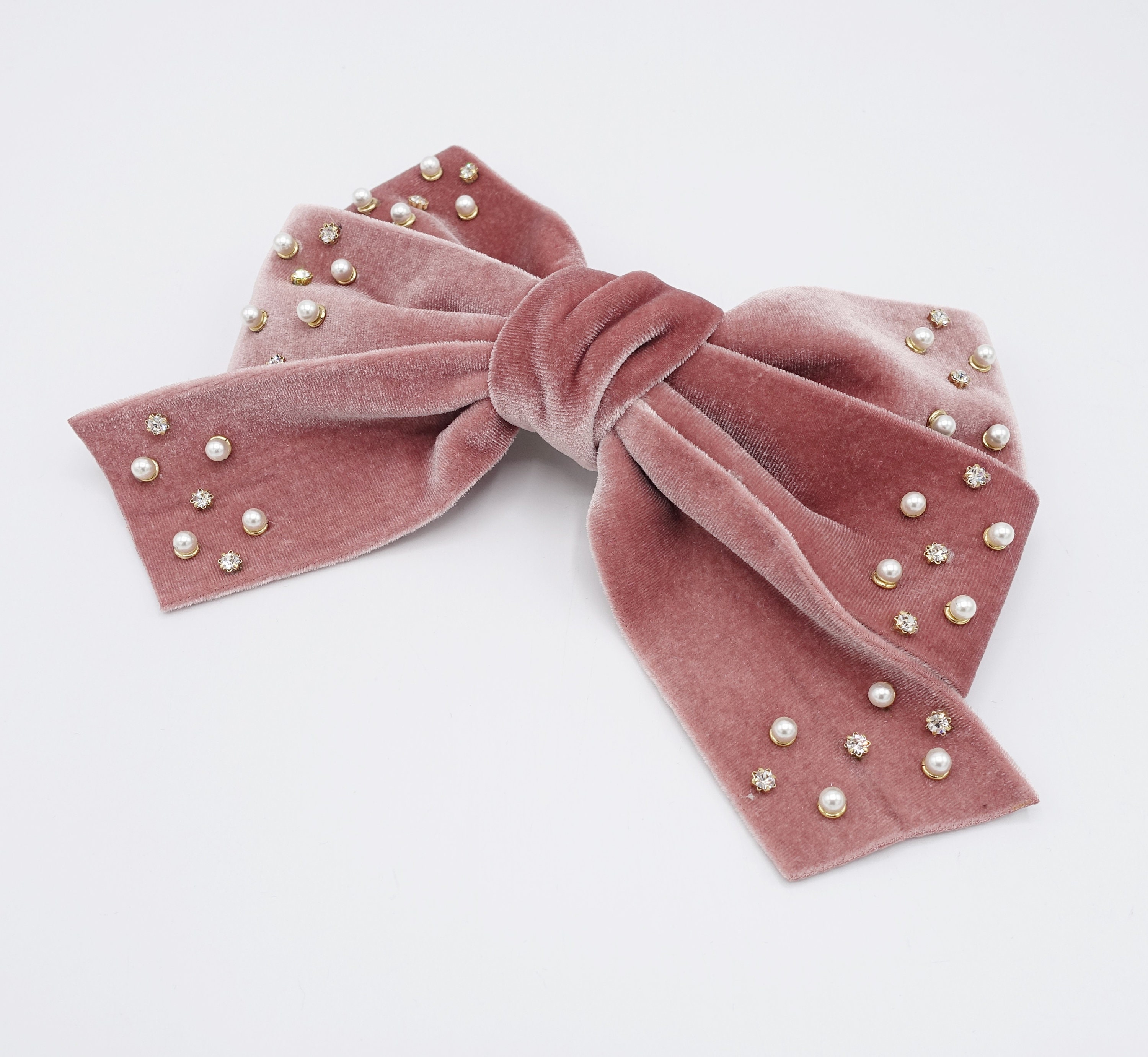Velvet Hair Bow, Triple Rhinestone Hair Bow, Pearl Velvet