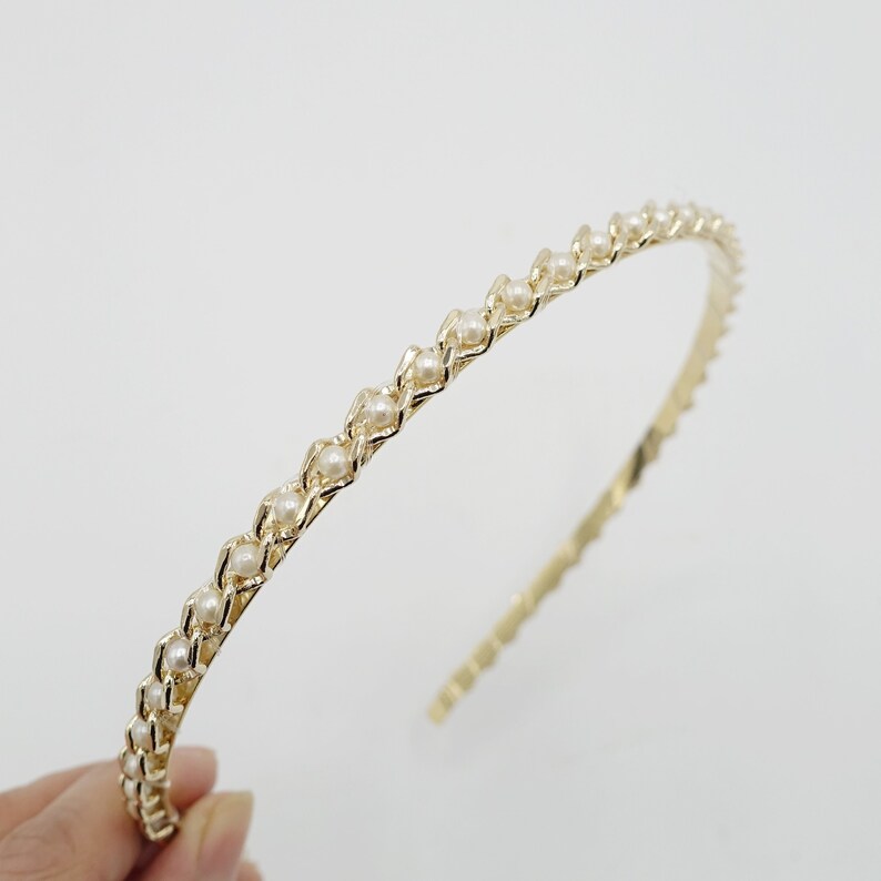 Pearl chain headband simple metal thin headband Etsy