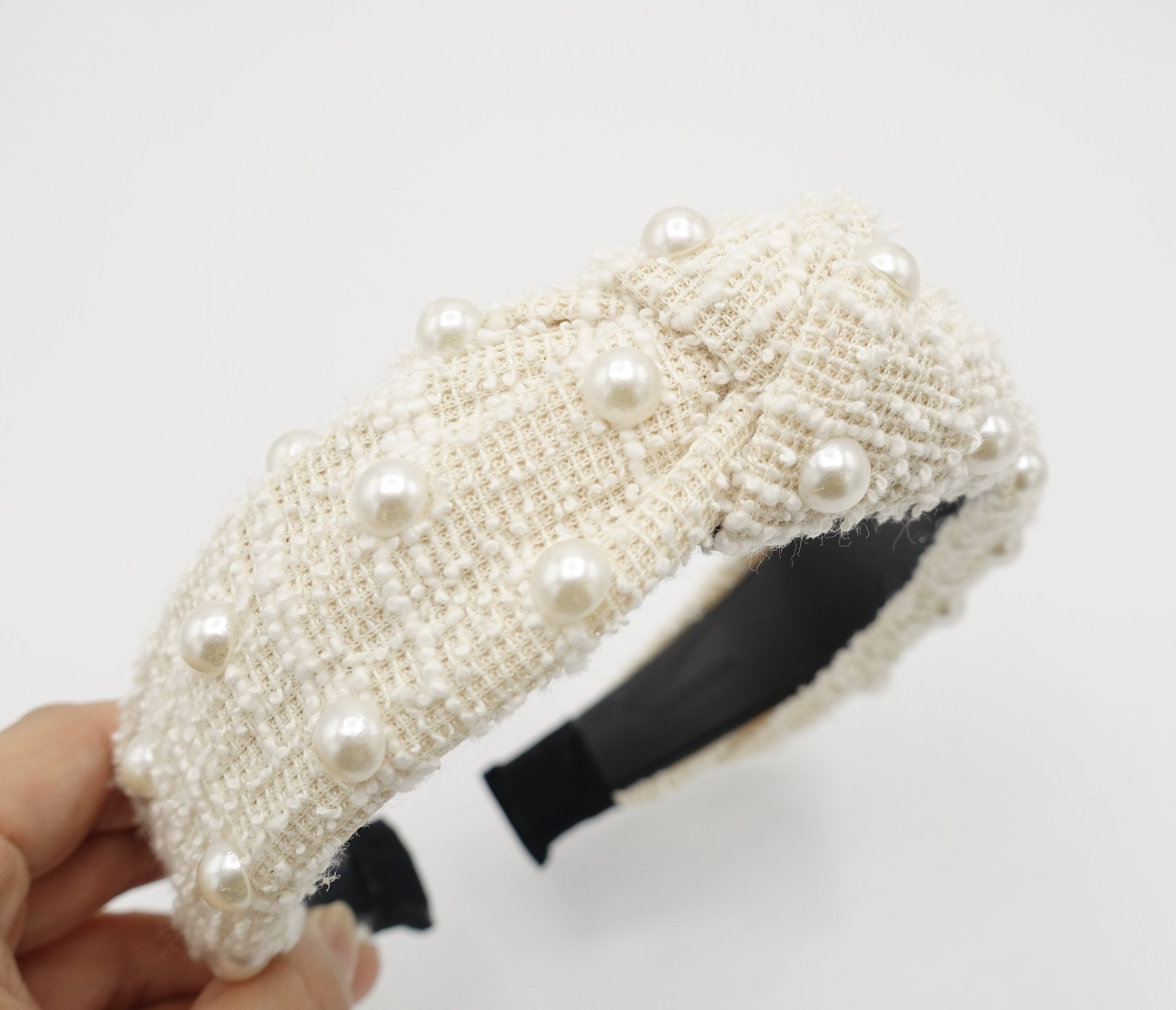 Vintage Cream tweed stretchy headband pearl detail knot