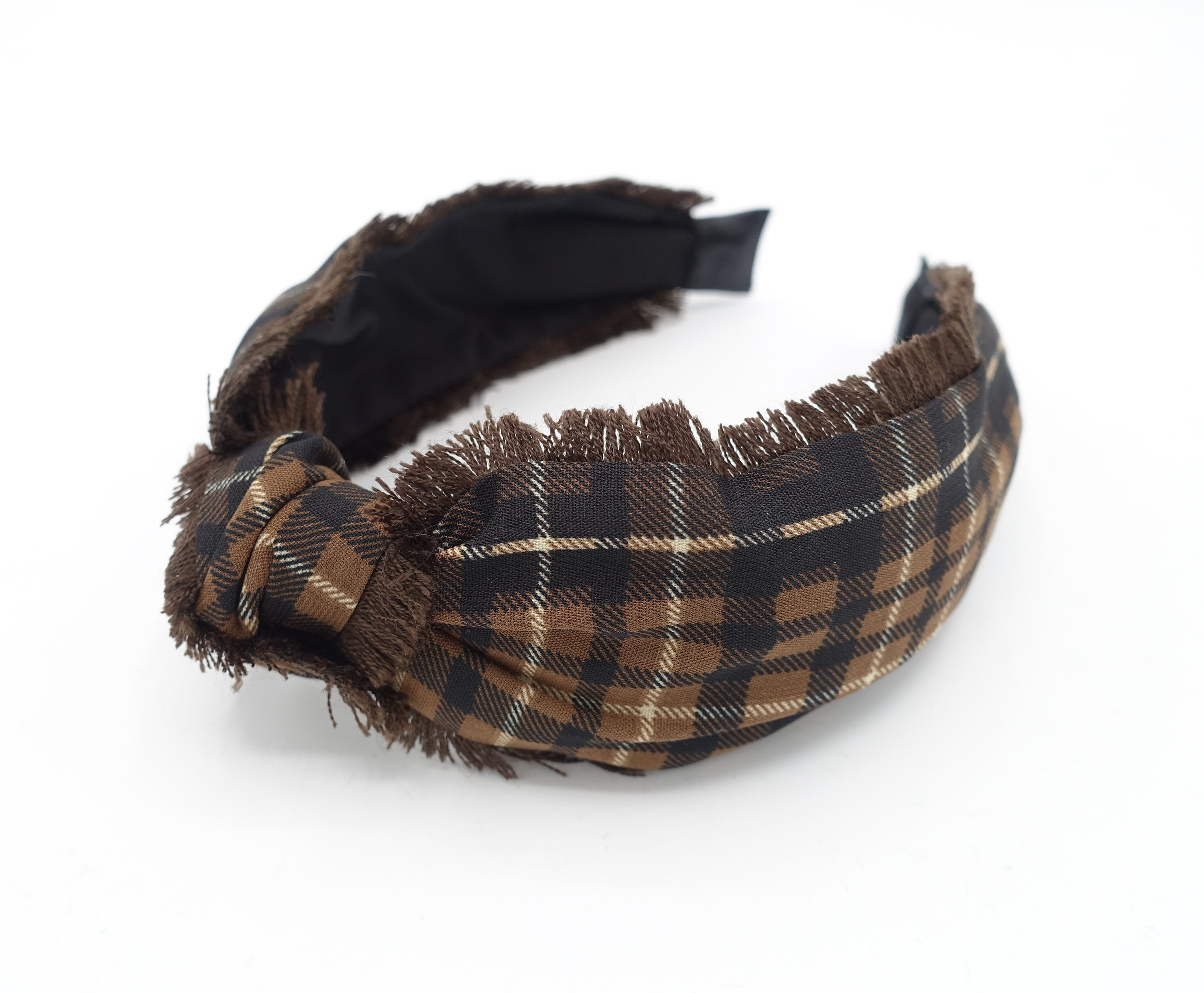 Plaid Check Top Knot Headband Fringe Trim Hairband Hair 