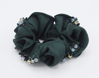 Black Satin Scrunchie with Silver Crystal Flower and Green Gem Ponytail Holders Elastic Band Holder Crystal Bead Scrunchie  main image 2