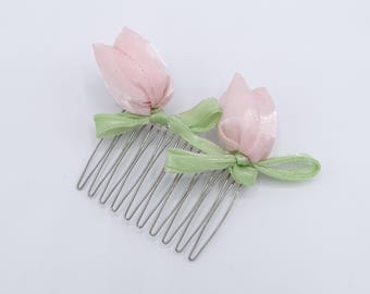 Satin Tulip Hair Comb, Floral Bridal Hair Comb, Pink Blue White Flower Hair Accessory, Romantic Wedding Updo Comb