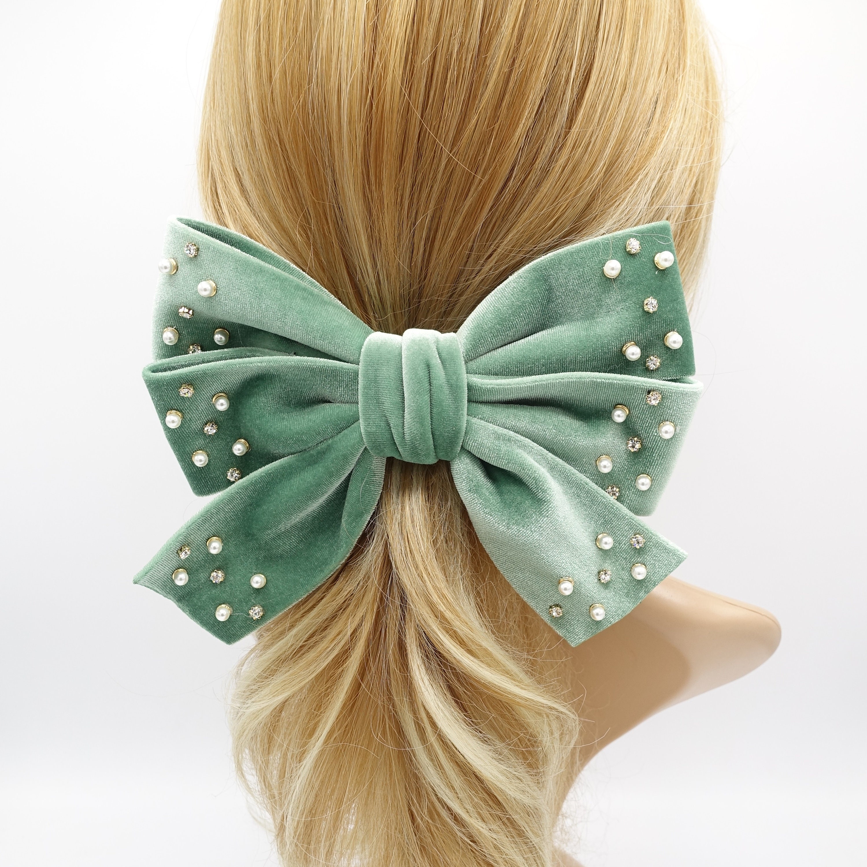 Velvet Hair Bow, Triple Rhinestone Hair Bow, Pearl Velvet Velvet Hair Bow, Triple Rhinestone Hair Bow, Pearl Velvet