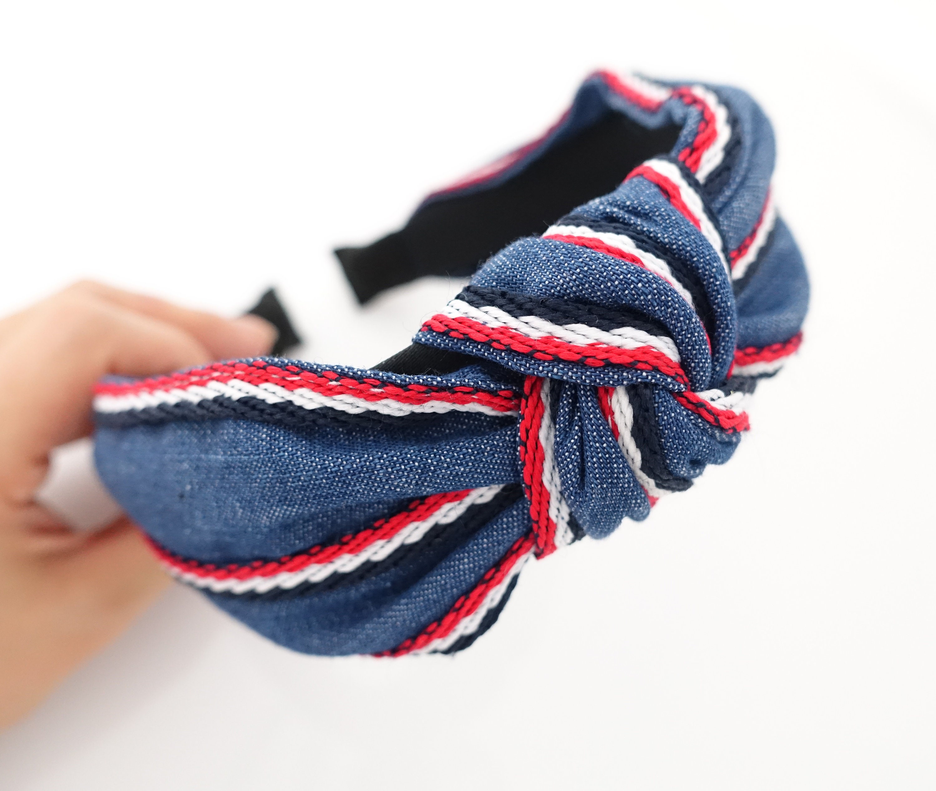Denim Blue Knotted Headband and Black Stripe Knot Headband - Designer Style Denim Knot Headband Stripe Line Edge Denim Hairband Woman  main image 2