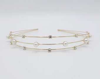 pearl triple headband thin metal rhinestone hairband for women