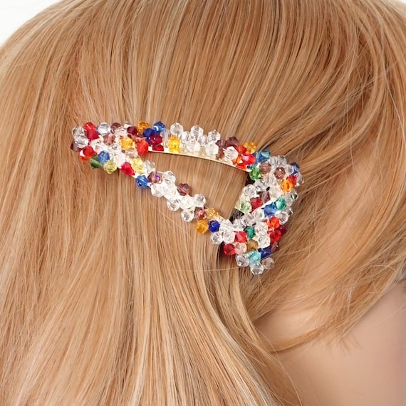 Rainbow Crystal Beaded Snap Clip Wood Embellished Hair Clip