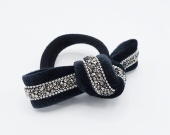 rhinestone embellished  velvet bow knot hair elastic ponytail holder women hair tie