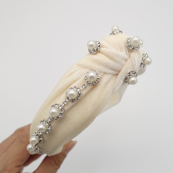 Pearl Rhinestone Headband Flower Knotted Velvet Womens  display picture 2