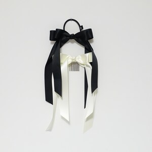 Black cream satin long tail bow hair elastic ponytail holder comb for women image 9