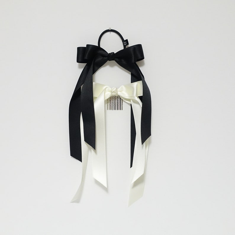 Black cream satin long tail bow hair elastic ponytail holder comb for women image 9