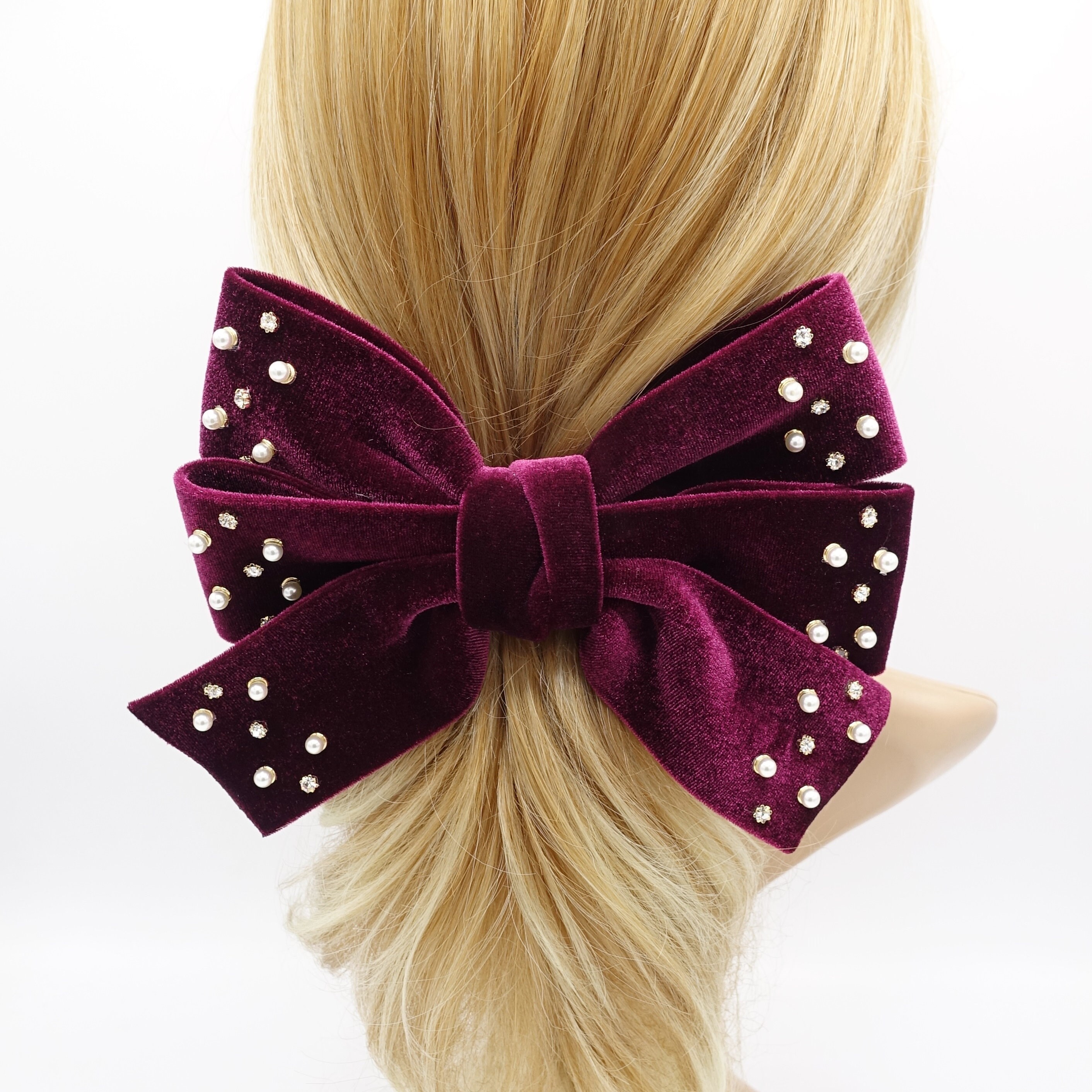 Velvet Hair Bow, Triple Rhinestone Hair Bow, Pearl Velvet Velvet Hair Bow, Triple Rhinestone Hair Bow, Pearl Velvet