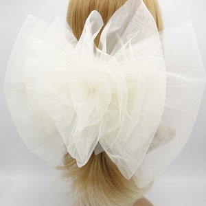 Può includere: Un fiocco per capelli in tulle bianco con un design grande, soffice e a strati. Il fiocco è annodato e ha una texture morbida e delicata.