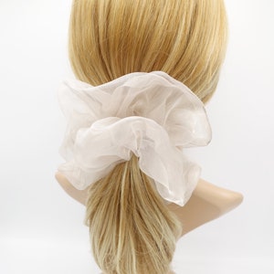 May include: A white, sheer, ruffled hair scrunchie.