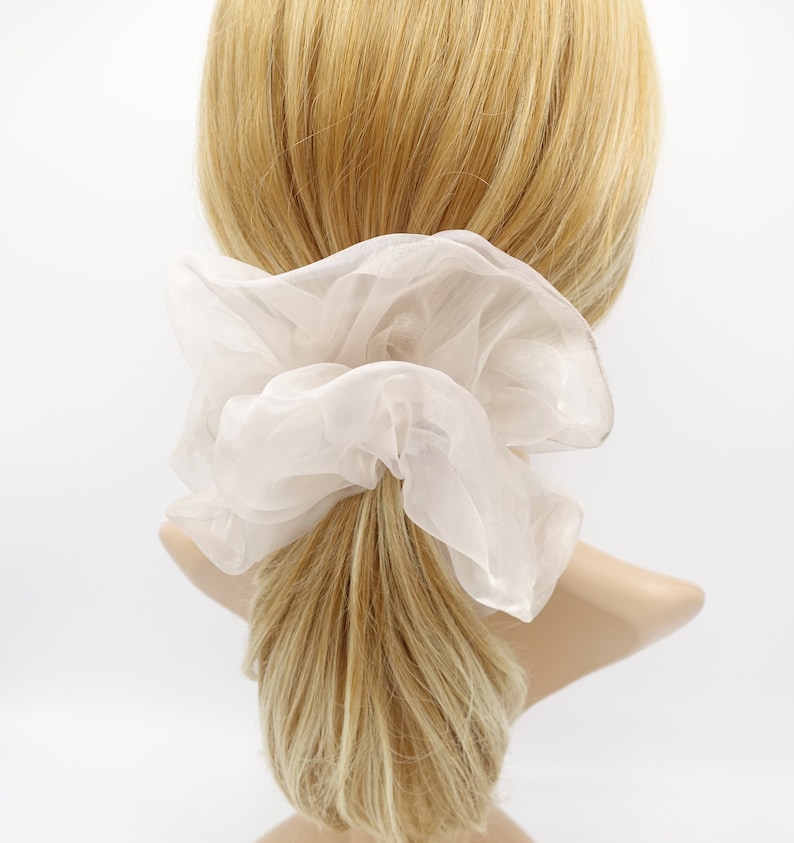 May include: A white, sheer, ruffled hair scrunchie.
