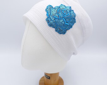 black mesh beanie, sequin flower embellished hat, stretchable Spring/Summer fashion hat for women