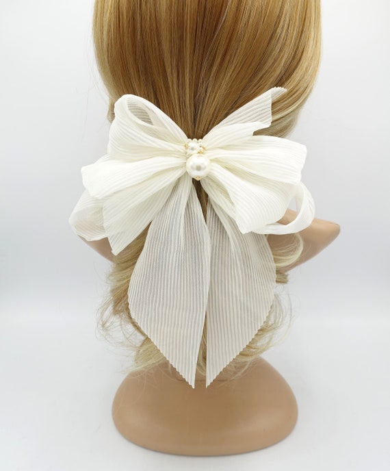 Embellished Hair Bow Barrette with Pearls, Women\'s Hair Accessory Pearl Embellished Hair Bow Barrette – No. 14 main image 3
