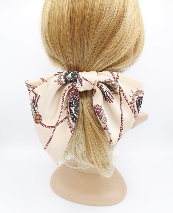 satin print hair bow tassel strap print scarf tail hair bow for