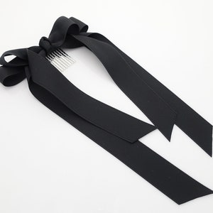 Black cream satin long tail bow hair elastic ponytail holder comb for women image 6