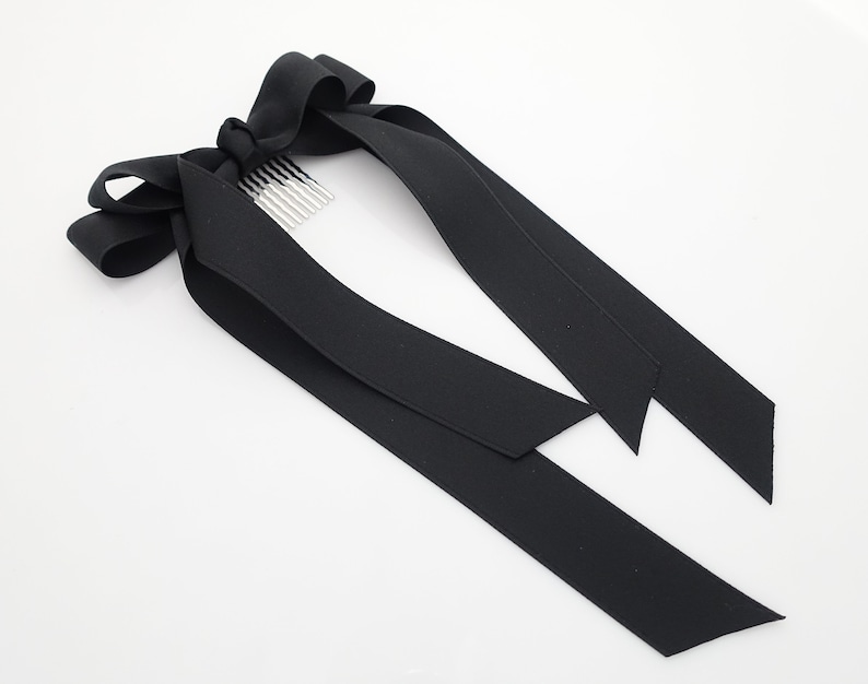 Black cream satin long tail bow hair elastic ponytail holder comb for women image 6
