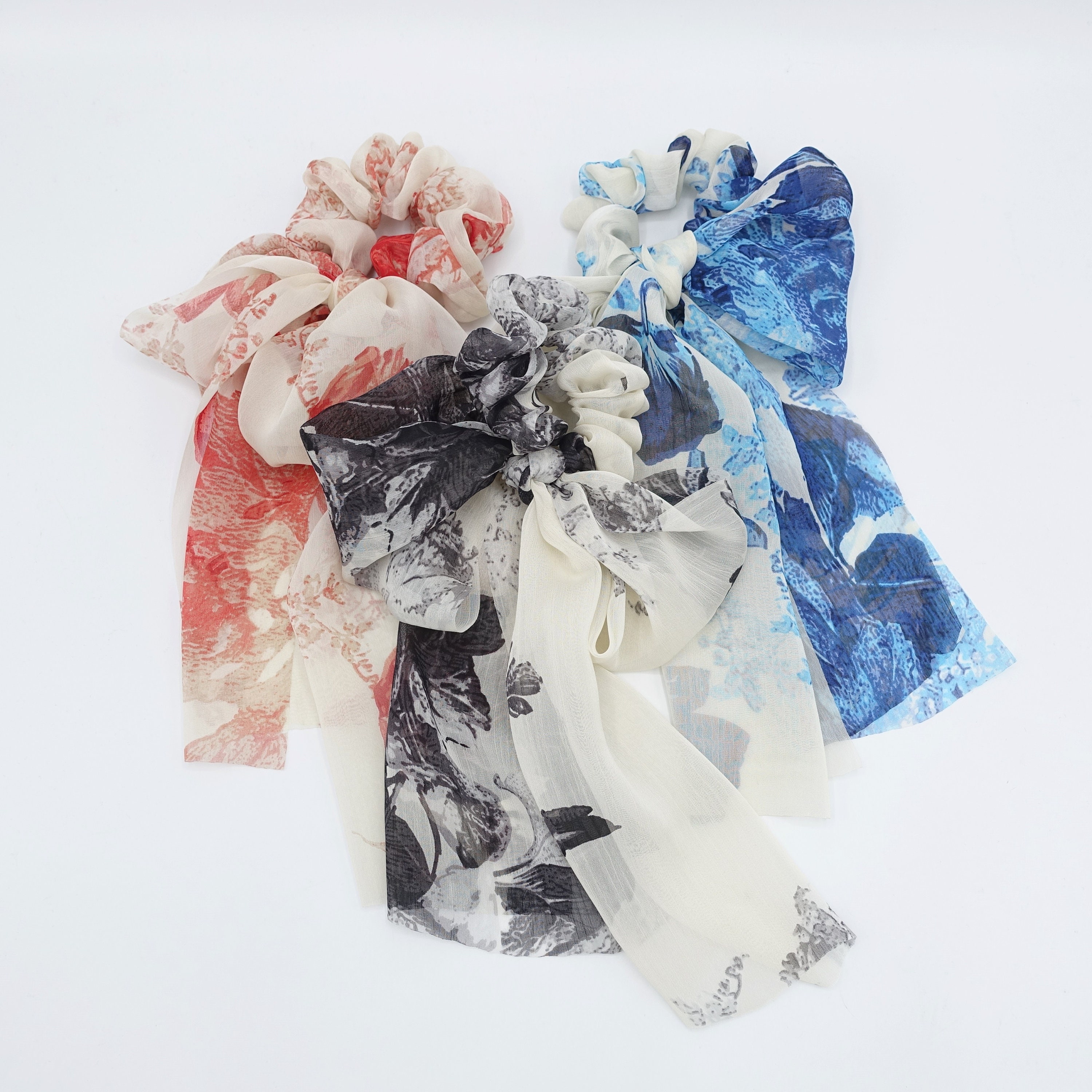 Chiffon Rasp Big Flower Print Chiffon Scarf Scrunchies Bow Knot Hair Elastic ...