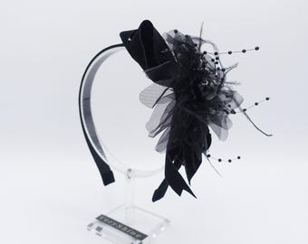 black velvet bow headband, fascinator headband, flower embellished headband