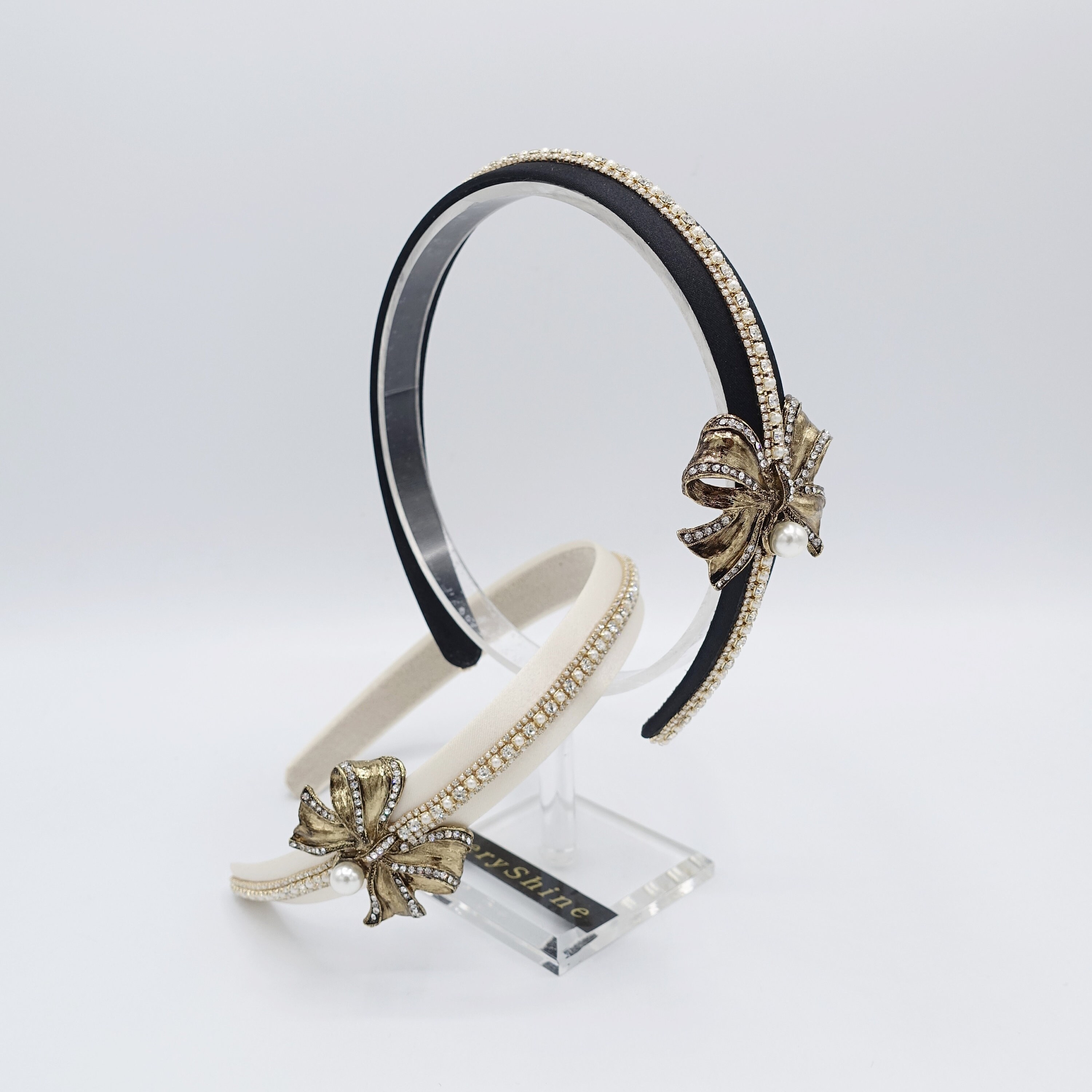 Antique Bow Headband: Pearl Rhinestone Embellished Metal Bow  display picture 2