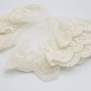 May include: A close-up of a white lace trim with a scalloped edge. The lace is delicate and intricate, with a floral pattern.