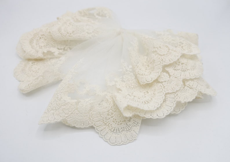 May include: A close-up of a white lace trim with a scalloped edge. The lace is delicate and intricate, with a floral pattern.