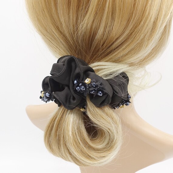 Black Satin Rhinestone Bow Scrunchie Oversized Hair Tie Glam Sparkle 2 PCS Large Rhinestone Bow Scrunchies Shiny Crystal Hair  main image 3
