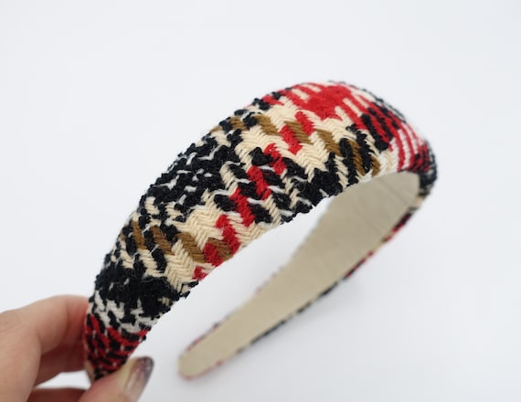 Plaid Padded Headband with Label - Beige Black White Red Beige Tartan Headband Padded, Black Check Plaid Hair Band  main image 3