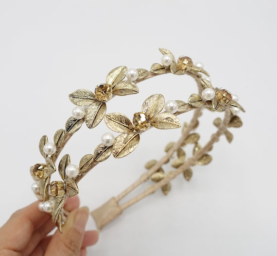 Pearl Rhinestone Flower Headband Bridal Double Hairband - Etsy display picture 3