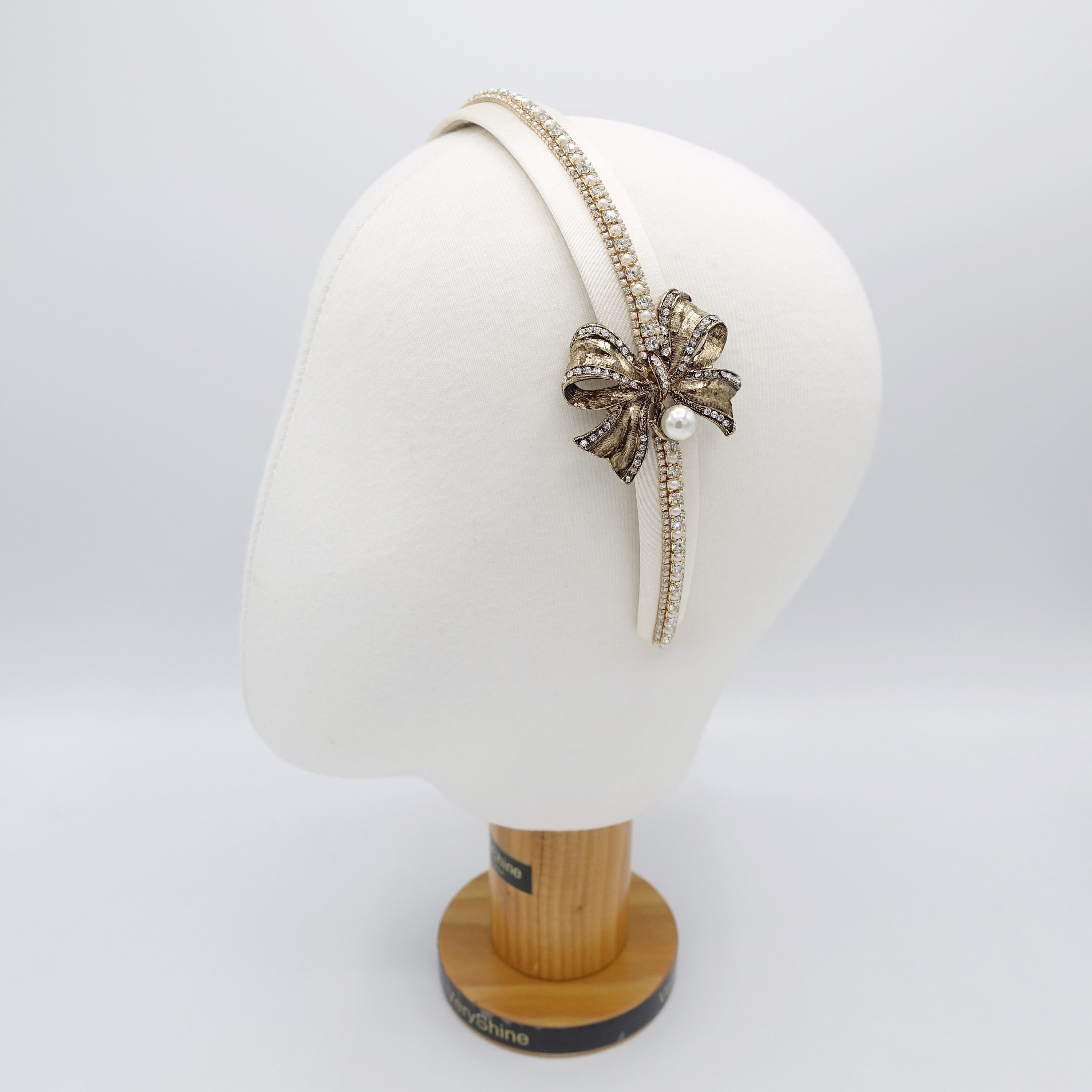 Antique Bow Headband: Pearl Rhinestone Embellished Metal Bow  display picture 3