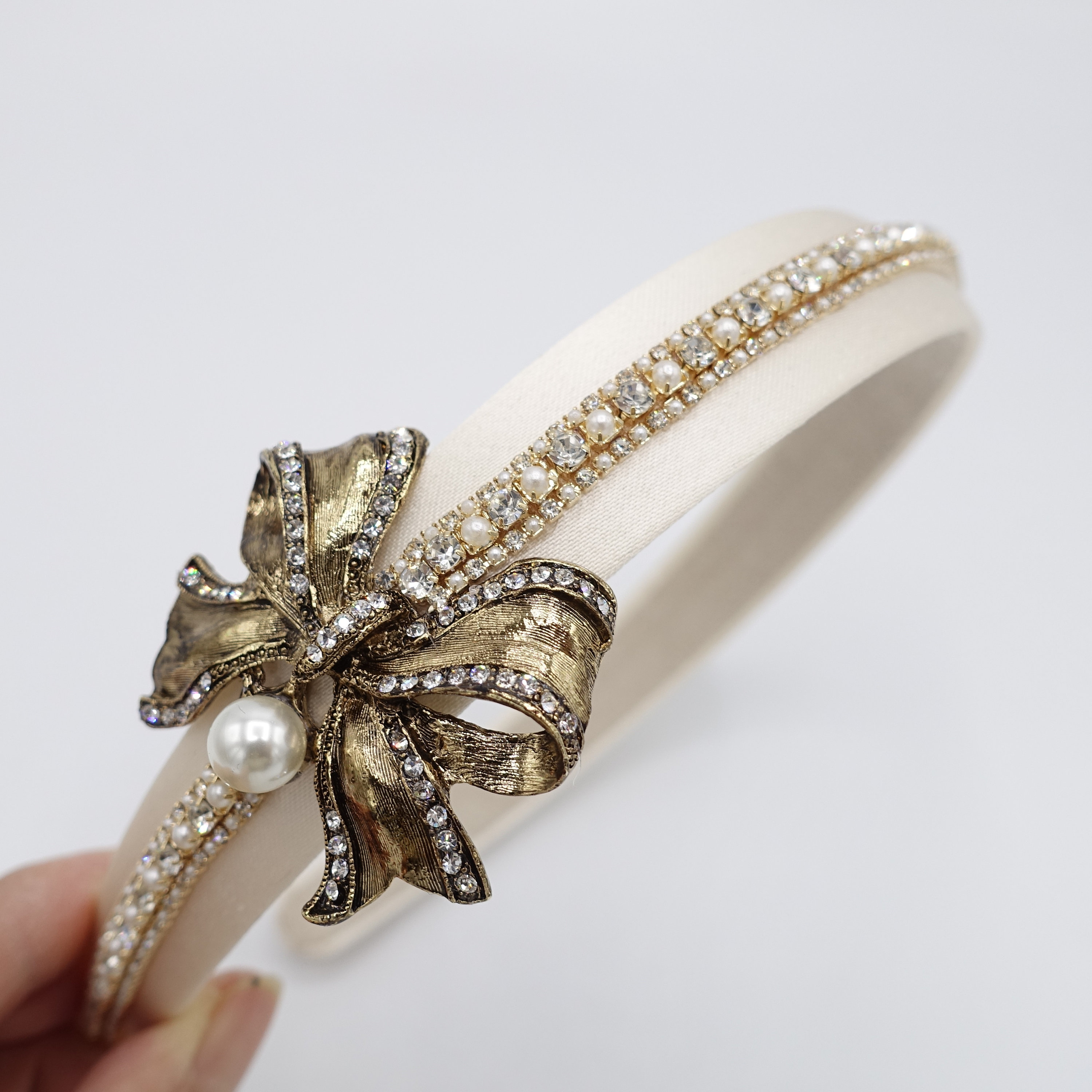 Vintage French Pearl and Crystal Bow Embellished Elasticised Headband Never Used Tweed Headband Faux Pearl Decorated Fashion Head Band for  main image 4