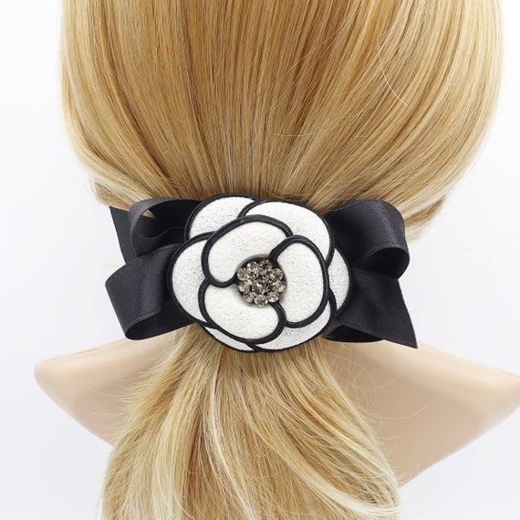 CHANEL Hair Clip Barrette Black Velour Ribbon Rhinestone Gold CC